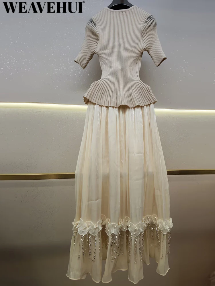 WEAVEHUI Women O-Neck Short Sleeves Elastic Waist Hotfix Rhinestone Tassel Spring Autumnal New model High Street 2-Piece