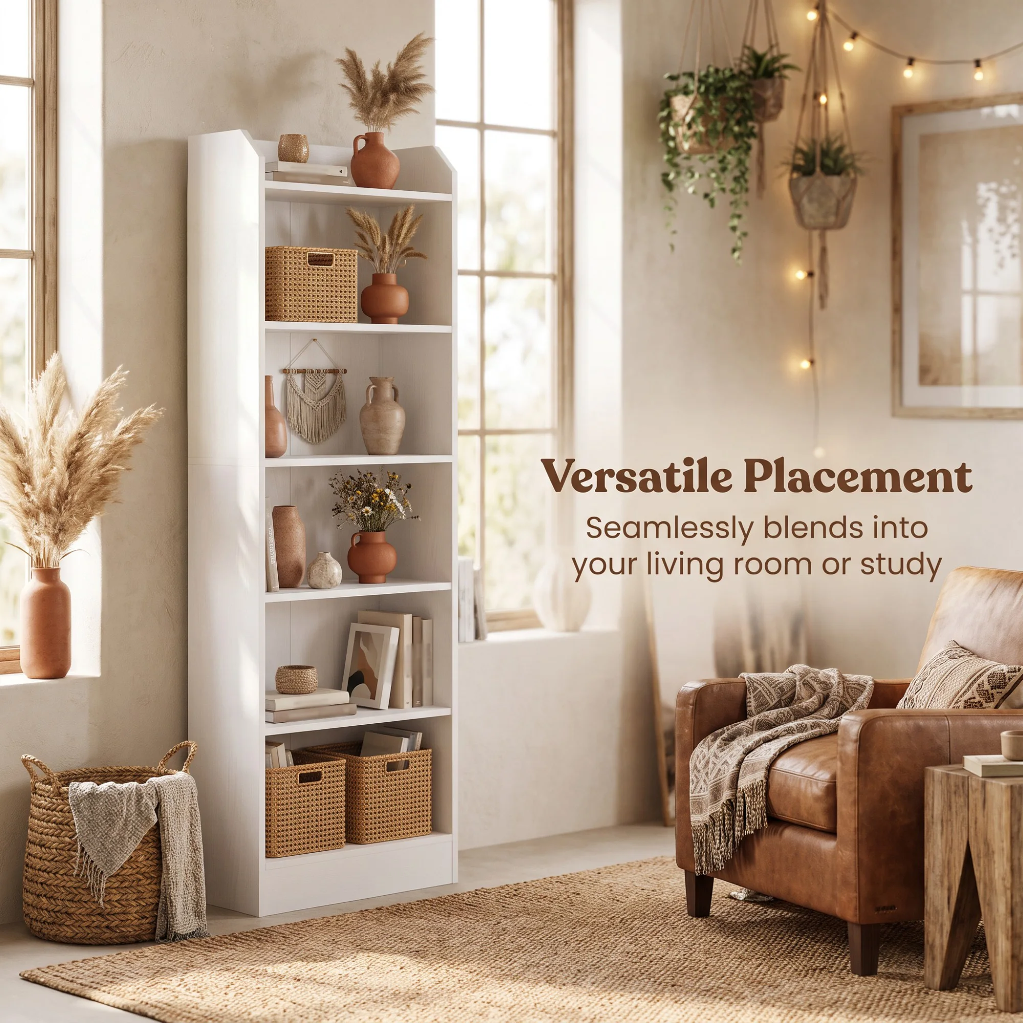 Libreria in legno a sei ripiani, da posizionare a terra, con superficie bianca, ideale per l’organizzazione di libri e per l’arredamento di studi domestici e soggiorni.