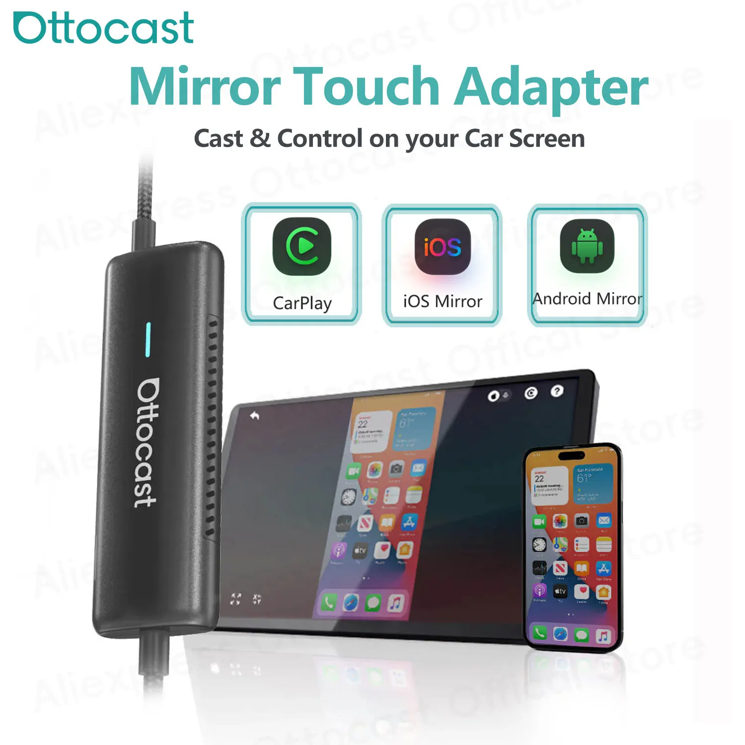 

OTTOCAST Wireless CarPlay Adapter Mirror Touch Stick Screen Cast Car Accessories for Benz VW Toyota Volvo Kia Chevrolet Audi