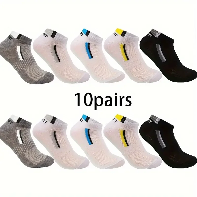 10pairs Men\'s Fashion Sports Socks, Striped Cotton Sweat Absorption Breathable Comfortable Ankle Socks