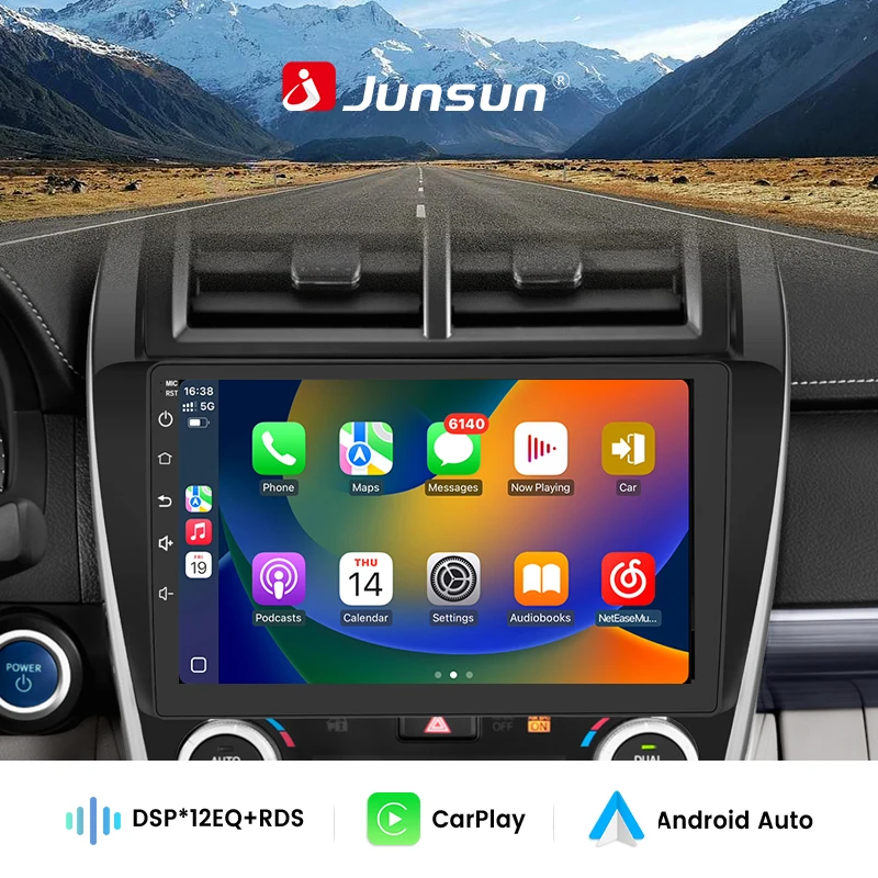 JunsunAndroid Head Unit Car Radio with GPS Navigation DSP for Toyota Camry 2012 2013 2014 Built In Wireless Carplay Android Auto GPS Navigation Bluetooth 5.0 4G LTE 5G WiFi AI Voice Control