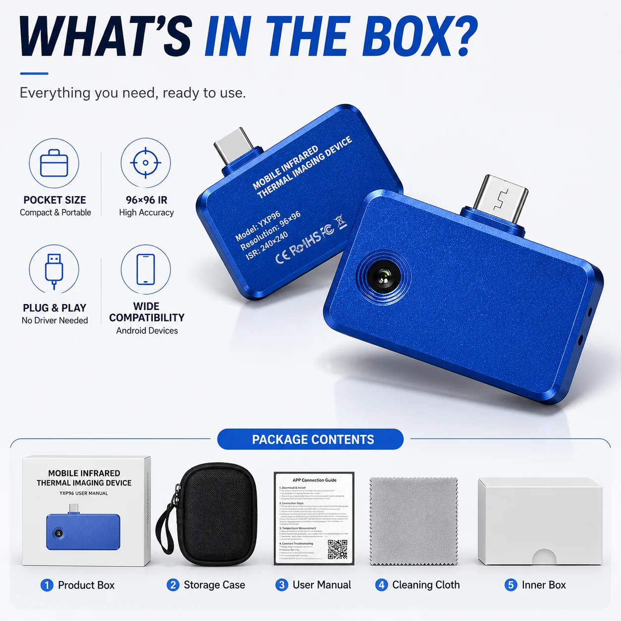 Caméra thermique HoldPeak 96x96 pour Android, 25Hz/40mK, -20 ° C~550 ° Caméra thermique USB-C, image
