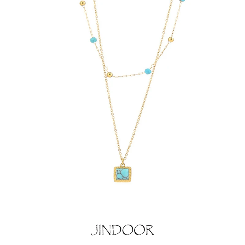 JINDOOR 18K Gold Plated Stainless Steel Necklace with Turquoise Pendant for Women, Dainty Chain, Layering Necklace,Jewelry