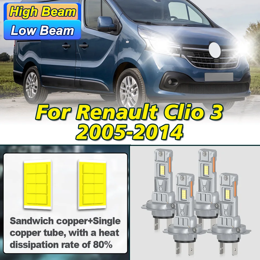 

4PCS For Renault Clio 3 2005-2014 LED Headlight H7 High Low Beam 28000LM 180W IP68 Plug&Play Car Light