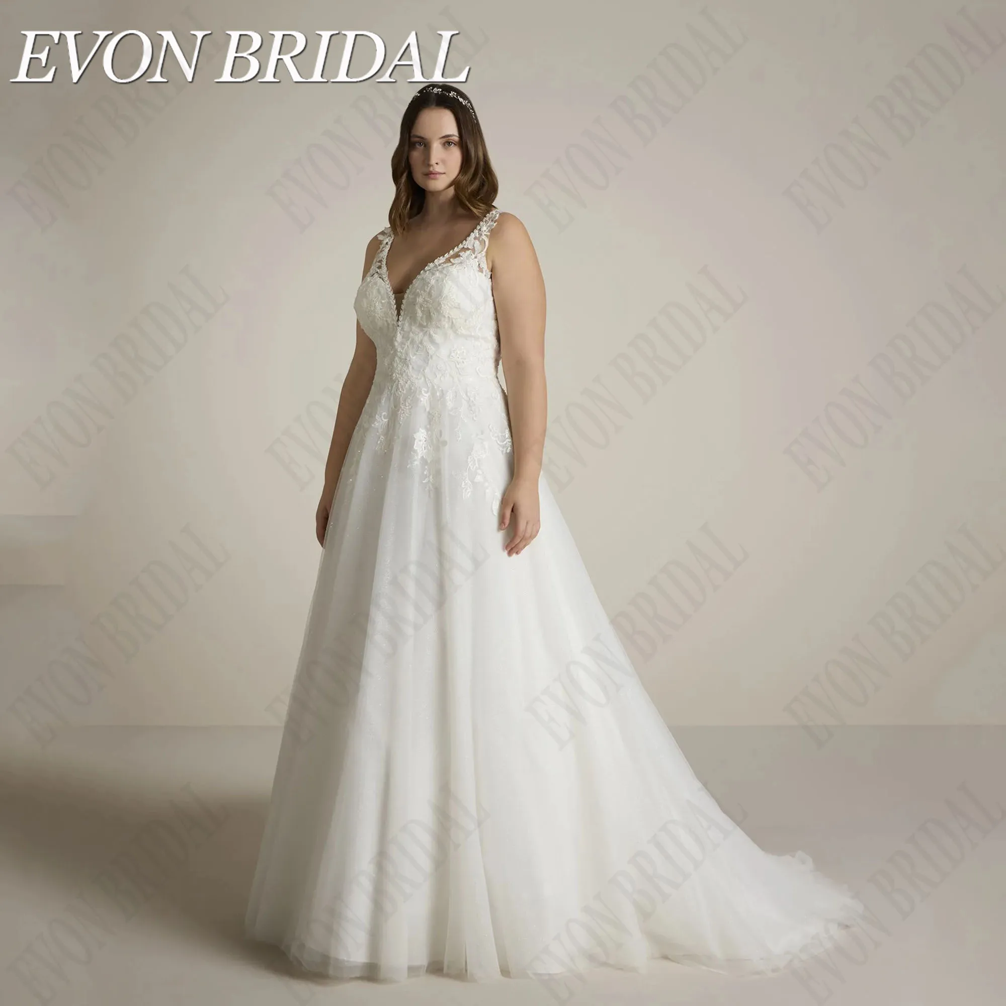 EVON BRIDAL Oversize Lace Wedding Dress Sleeveless V-Neck Beading Bride Gowns For Women Applique A-Line Bridal Dresses Plus Size