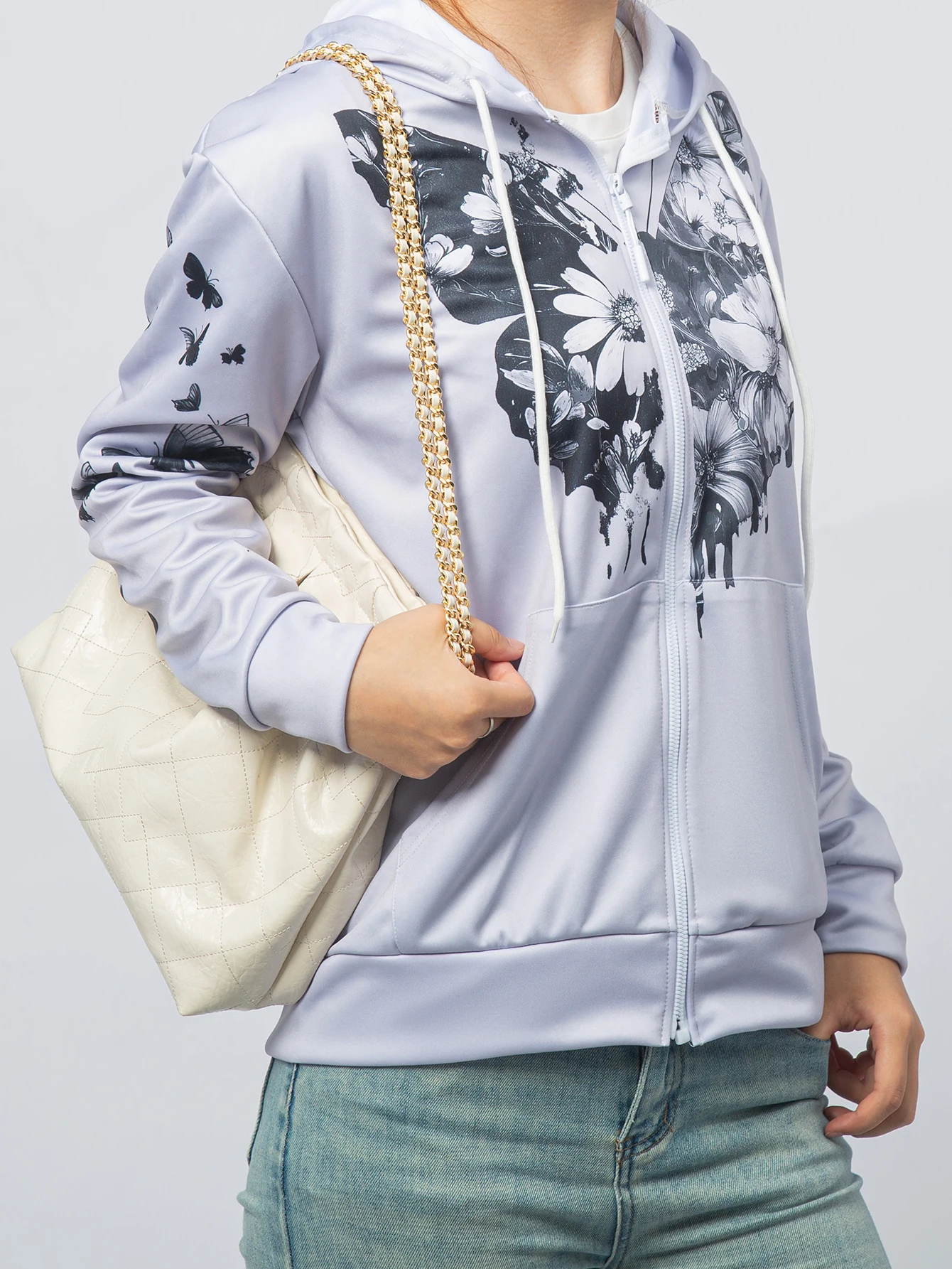 Spring/autumn new women's personalized fashion sports hoodie long sleeve drawstring pocket zipper coat casual printed hoodie