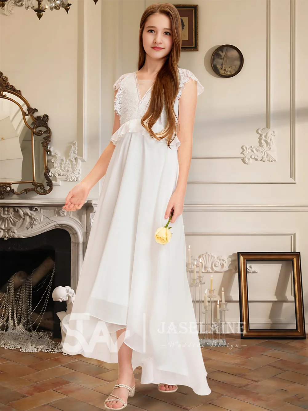 XDV Elegant V-Neck Asymmetrical Chiffon Lace Junior Bridesmaid Dress Chic Ivory Flower Girl Dress For Girls Party Wedding Formal