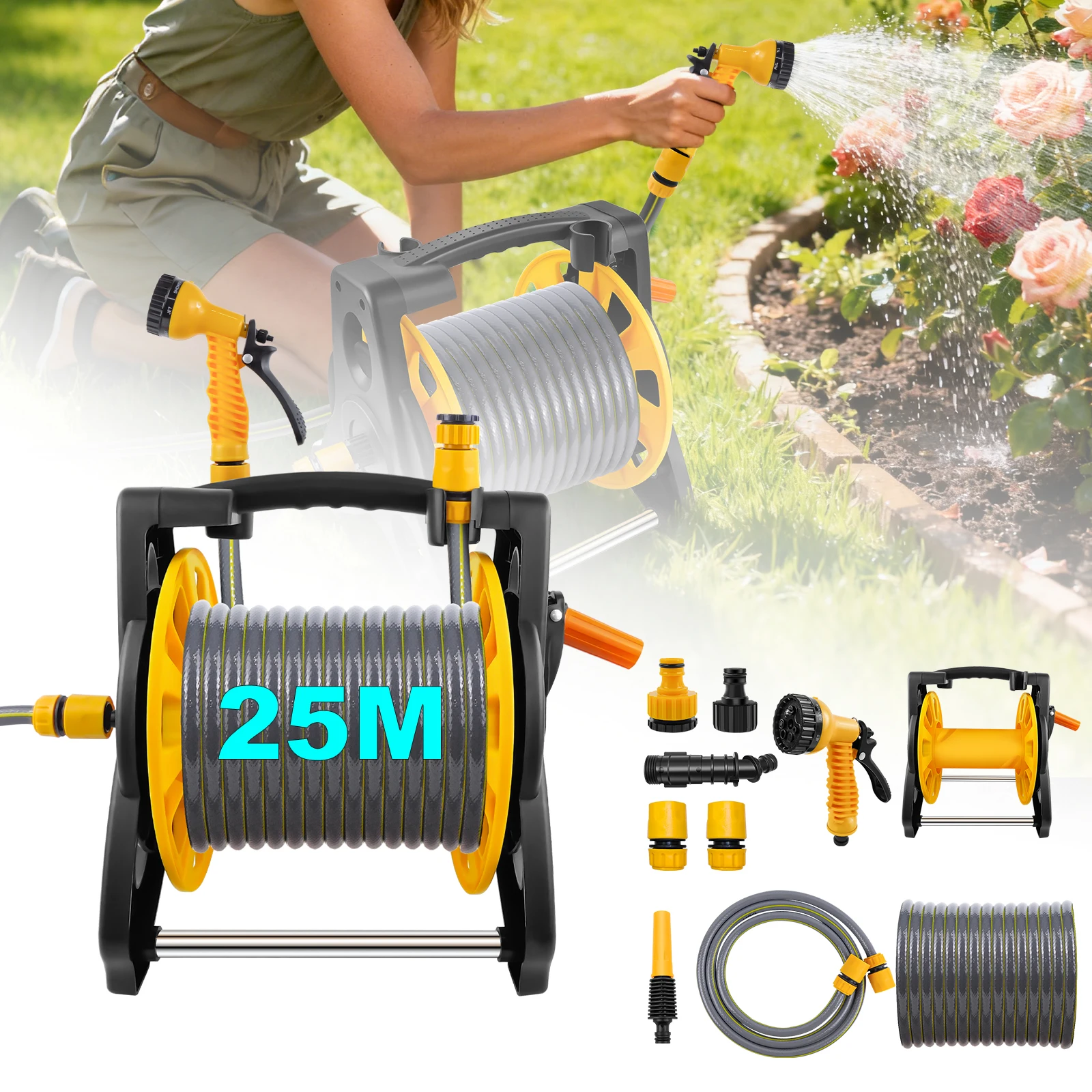 Avvolgitubo retrattile anti-groviglio da 25 metri – riavvolgimento rapido – lo strumento perfetto per irrigare giardini e pulire cortili – per irrigazione e stoccaggio in giardino domestico – leggero, resistente e anti-rottura