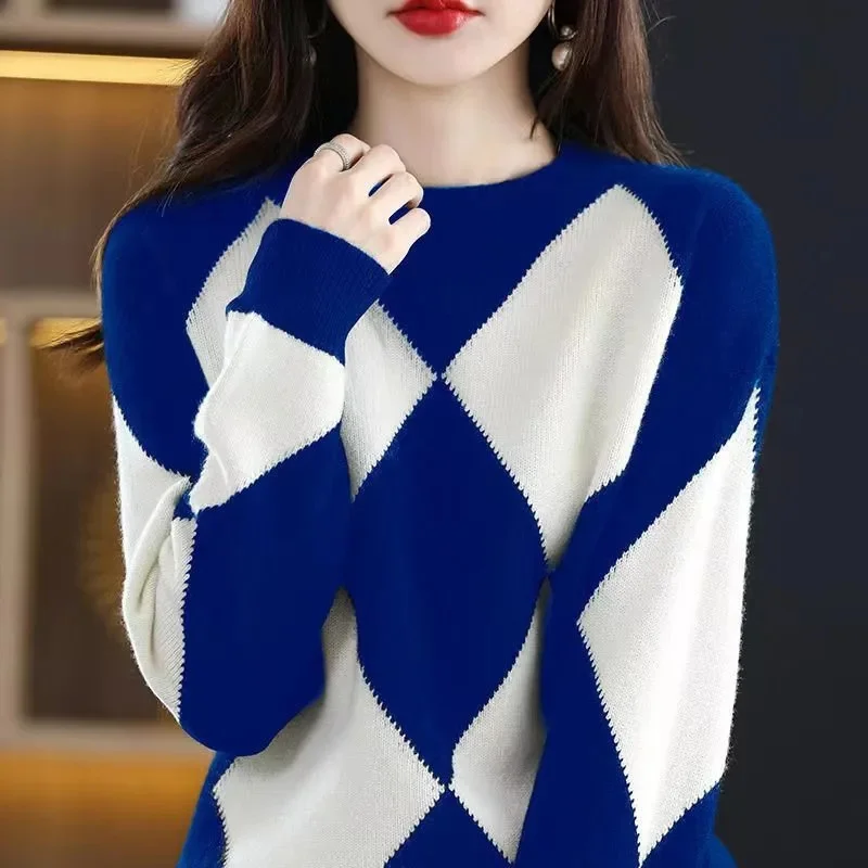 

Retro Female Long Sleeves Sweater Autumn Winter Ladies Loose Fit Pullover Knitwear 2024 Women Jacquard Color Collision Knitting