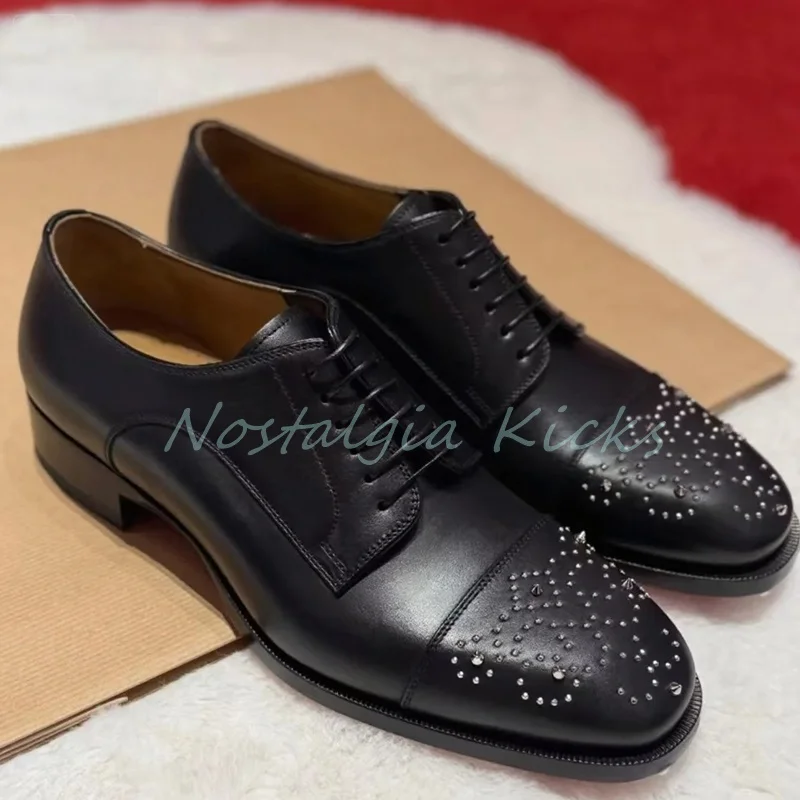 

Black Genuine Leather Studs Toe Oxford Shoes Business Lace Up Casual Formal Shoes Resistant Sole Comfortable Dress Shoes Man