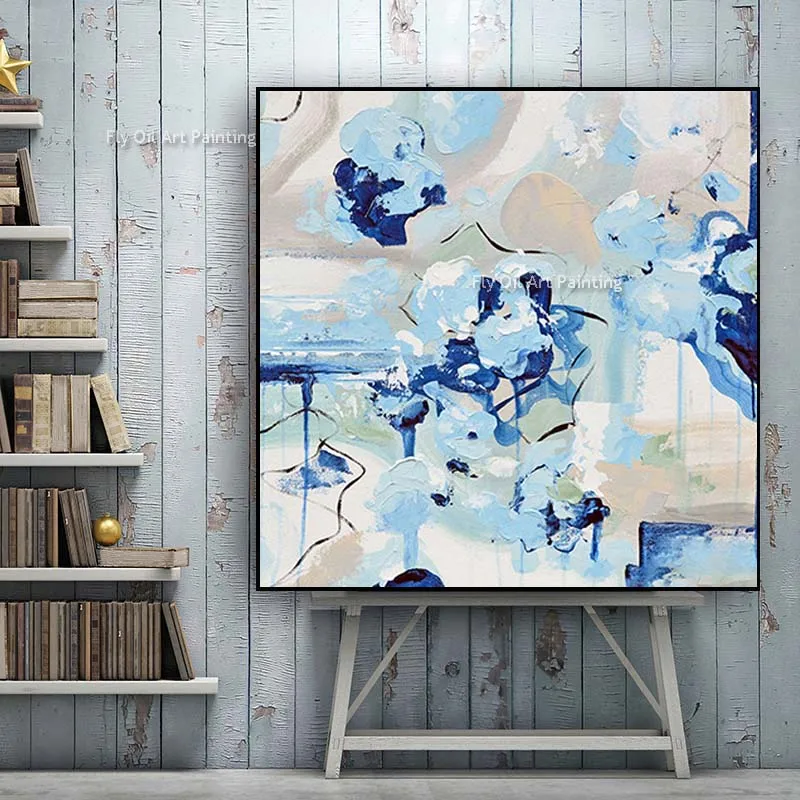 Hand Painted Texture Navy Landscape Messy Abstract Palette Contemporary Blue Ocean Oil Canvas Paintings Vertical Artwork  Decor