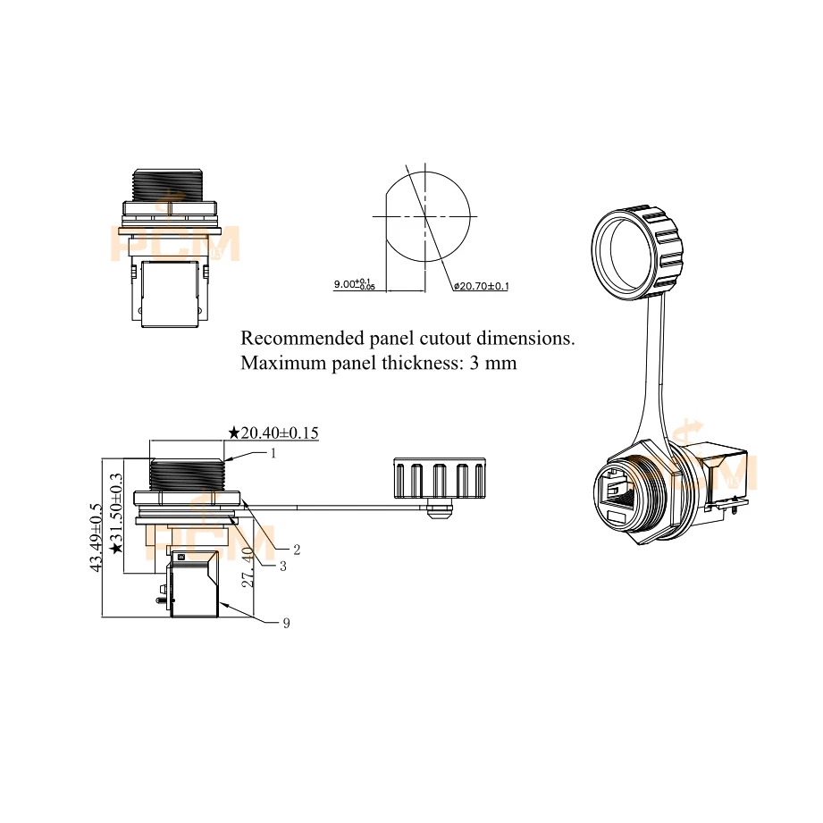 RJ50 10P10C female to socket jack adapter connector panel mount waterproof Coupler with full-thread locking for POS scanner