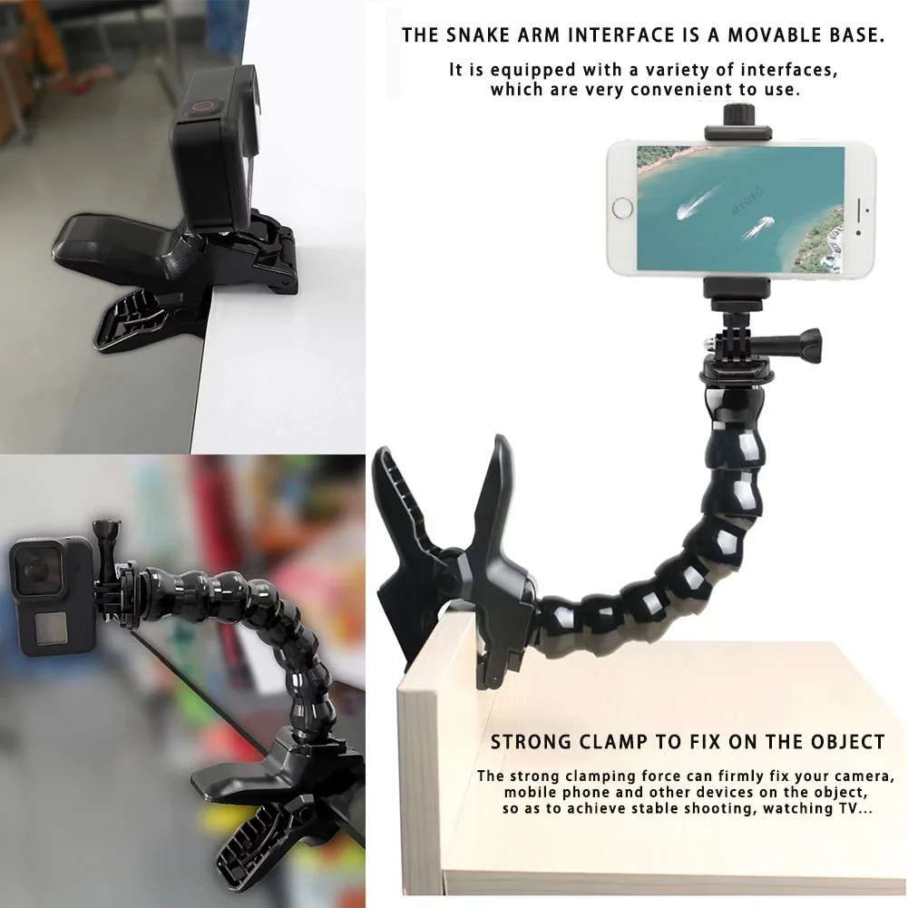 Cell Phone Clamp Clip for Pole, Clamp Mount Adjust Gooseneck Mount for GoPro Hero 1312 11 10 9 Insta360 DJI Osmo Action Camera