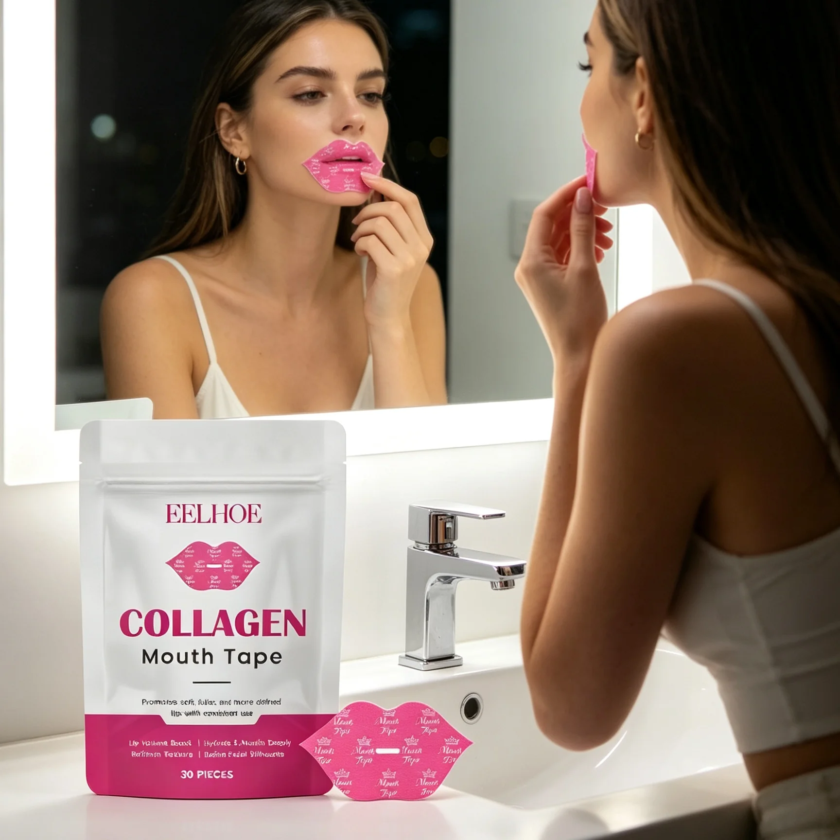 EELHOE Collagen Mouth Tape Pink Plumping Lip Hydration Soft Dry Lips Treatment Reduce Fine Lines Overnight Moisturizing Lip Mask