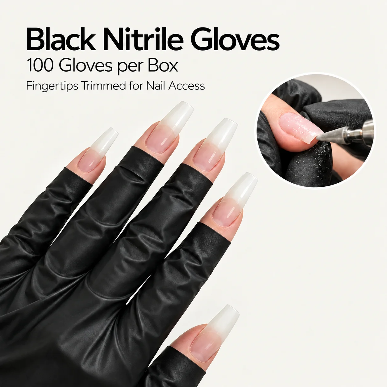 100 Pcs Black Nitrile Gloves for Gel Manicures and Nail Care Trim Fingertips to Expose Nails with Masking Tape
