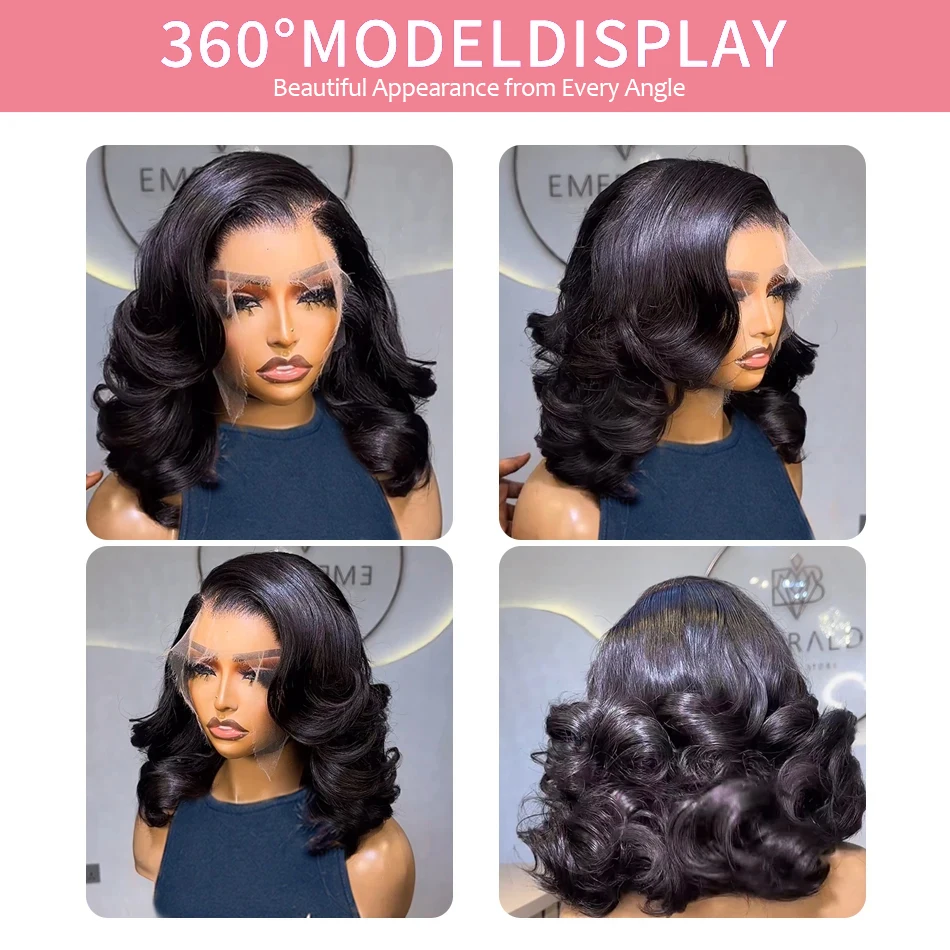 Body Wave 13x4 HD Lace Front Wigs Human Hair 200% Density Bob Wig Human Hair Pre Plucked Short Bob Wigs For Black Women 4x4 Lace Closure Frontal Wig Human Hair Natural Black Loose Wavy 14 Inch Bob Wigs view 4