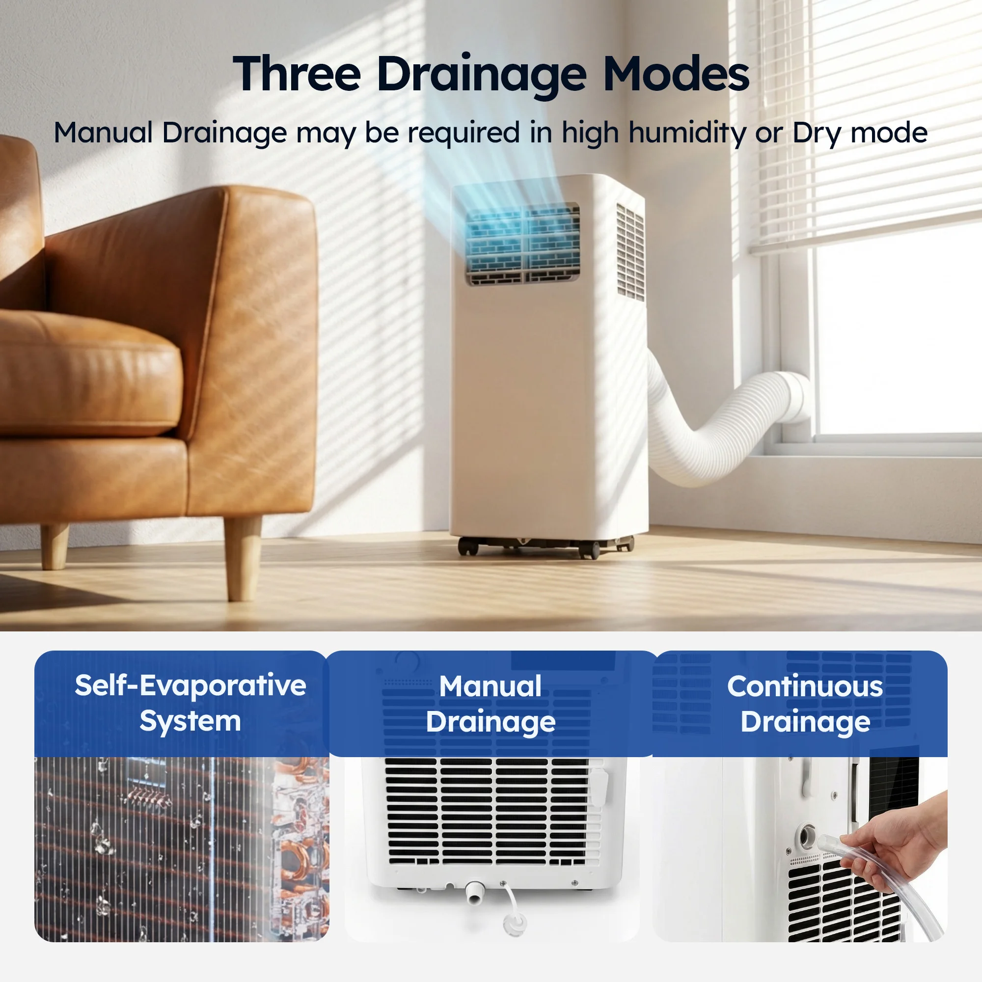 EKOJUCE 4‑in‑1 Portable Air Conditioner, White Compact Cooling Unit Built‑in Dehumidifier & Fan Mode, Supports Spaces Up to 650 Sq.Ft, 24‑Hour Timer, Complete Installation Accessories for Bedroom Use