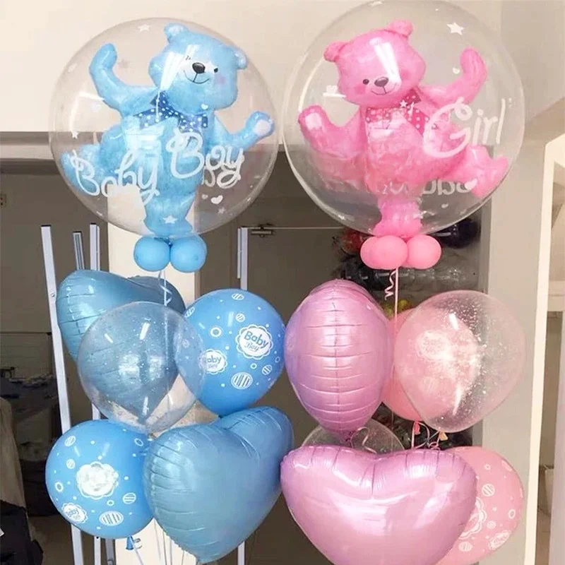 Boule à bulles ours transparente 4D pour fête prénatale, garçon et fille, ballon à hélium bleu rose pour fête de 1er anniversaire, décoration révélatrice du sexe
