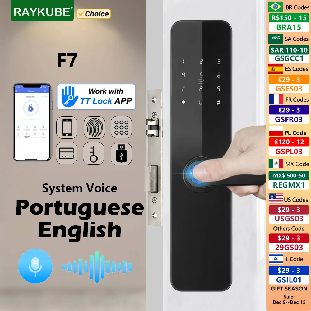 RAYKUBE F7 TT Lock Fingerprint Lock Electric Door Lock With Longer Larger Handle Portuguese/English Voice APP Remote Unlock