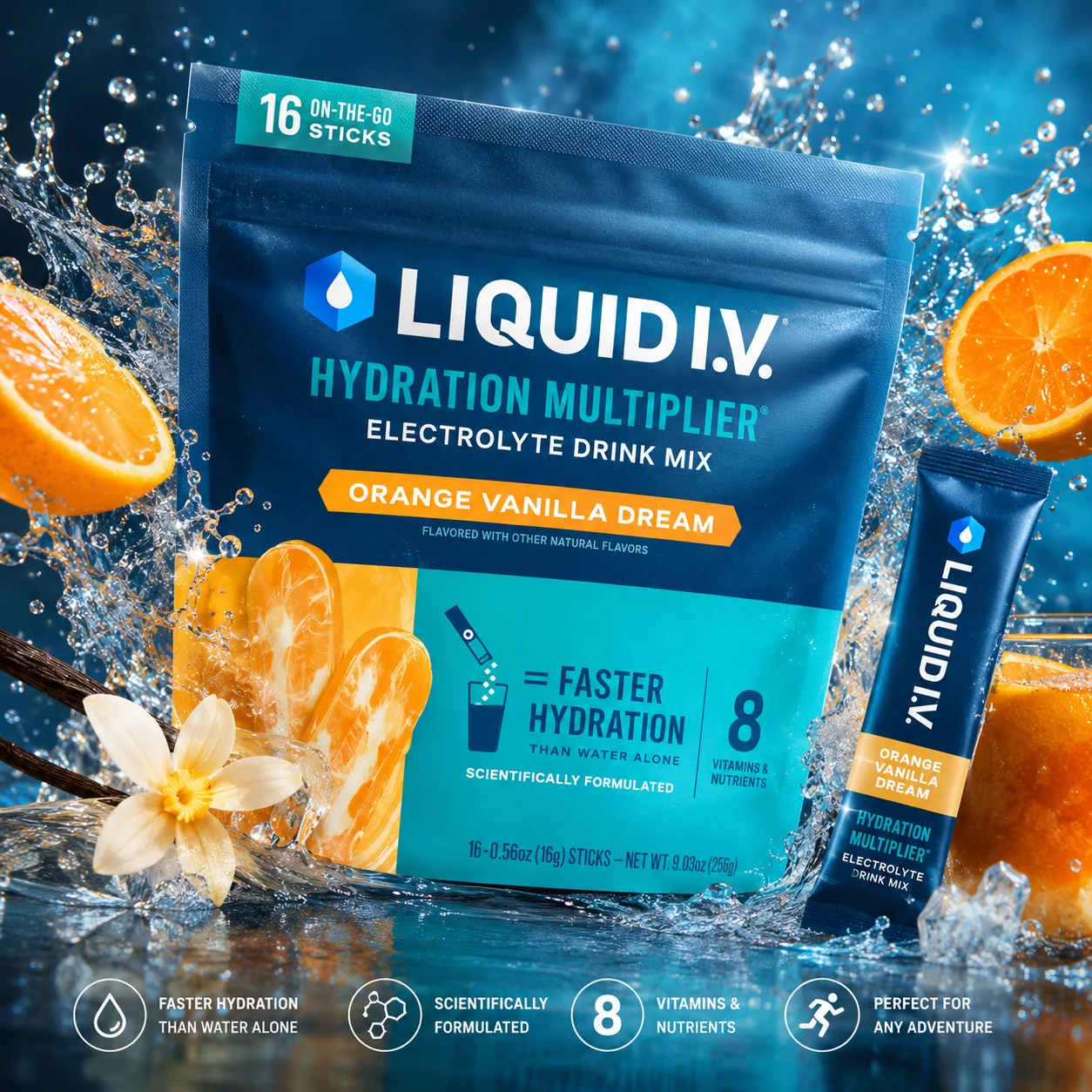 Electrolyte Drink Mix Orange Vanilla Dream Hydration Powder Single Serve 16 Sticks