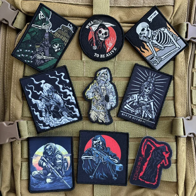 Skull Soldier Tactical Patch Death Rifleman Reaper Morale Badge Hook and Loop Haftowane naszywki na plecak wojskowy Naklejka — zdjęcie 2