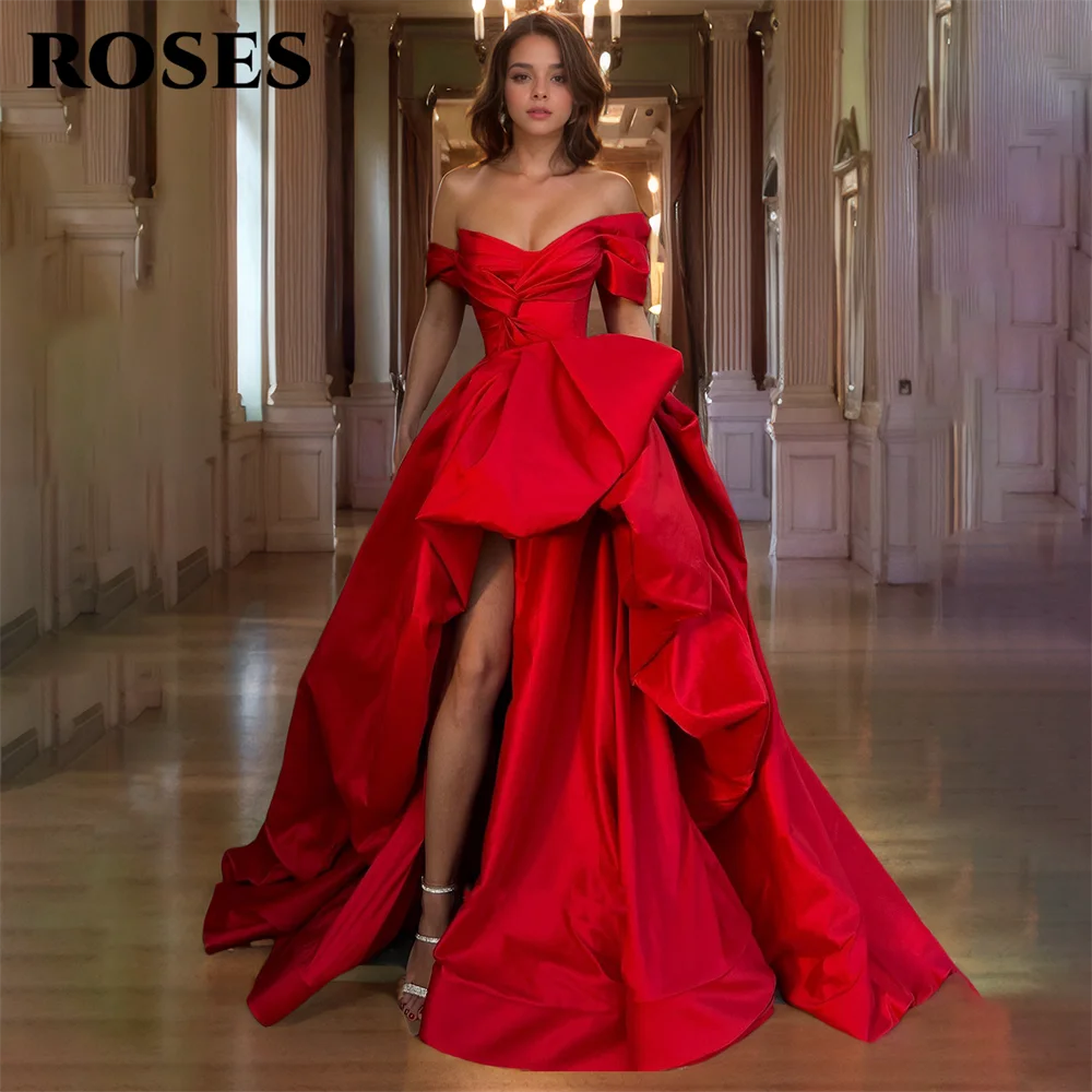 ROSES Red A Line Prom Dress V Neck Off the Shoulder Celebrity Dress Side Split Women's Evening Dresses Stain Formal Gown 프롬 드레스