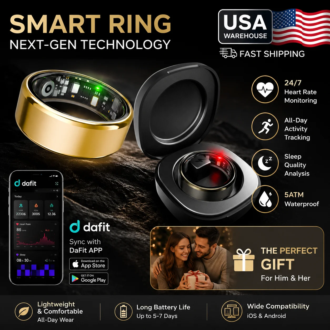 R100 Smart Ring With Charger Case Dafit App Health Sleep Monitoring Smartring free Gift Free Shipping Take Photo Control Waterproof Rings with 100+ Sport Modes Future Technology R100 Ring