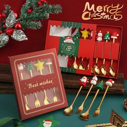 4PCS6PCS Christmas Gift Cutlery Spoon Fork Set Elk Tree Dessert Spoon Fruit Fork