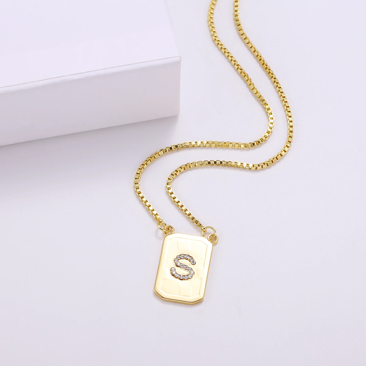 MYDIY Customize 18K Gold Plated Box Chain With Diamond Letter A-Z Initial Rectangular Pendant Personalise Gift for Women Jewelry