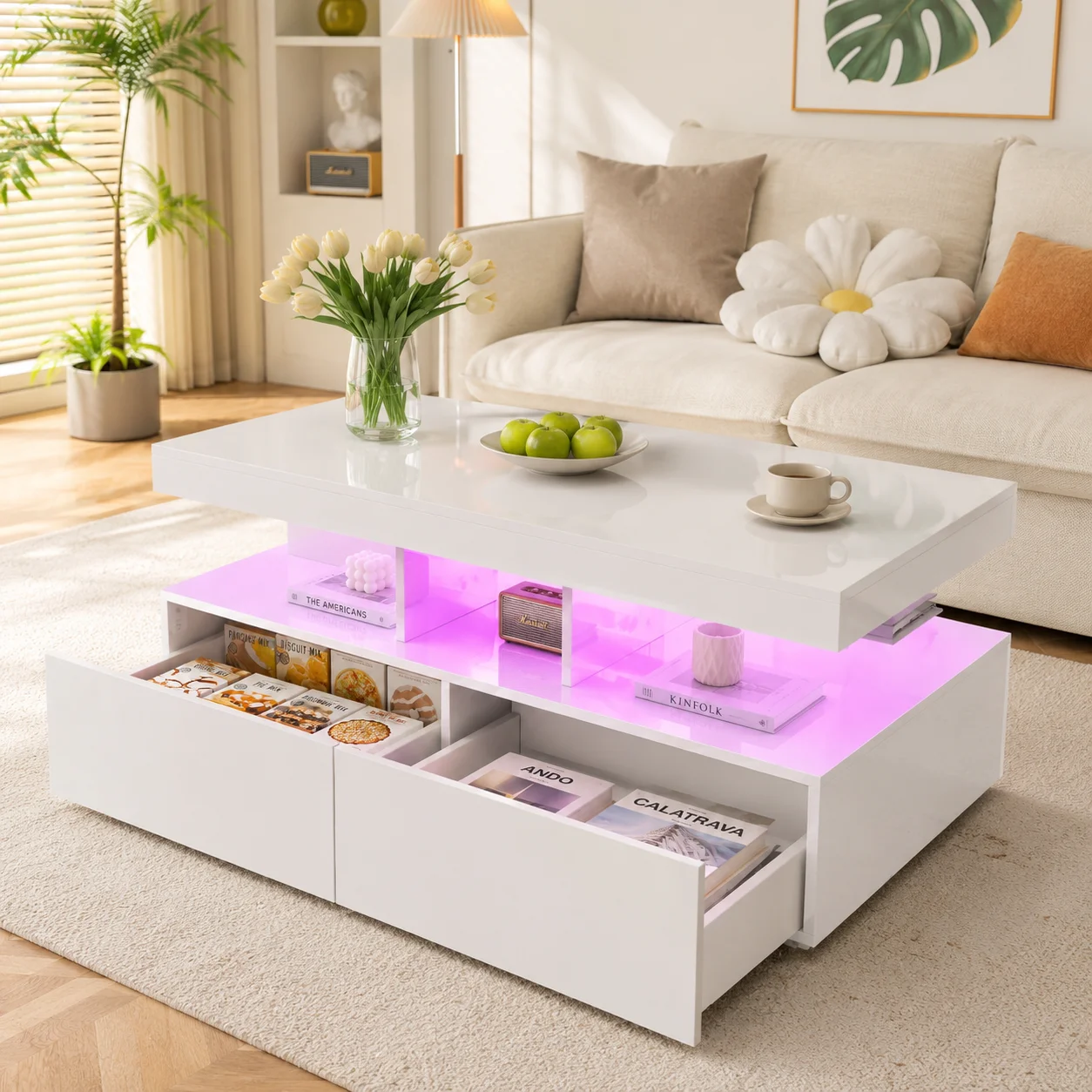 Table basse blanc brillant, table de salon moderne avec rangement, table canapé avec étagère ouverte et 2 tiroirs coulissants, bout de canapé, meuble de salon pour séjour, appartement, maison, chambre, bureau, 104x53x4