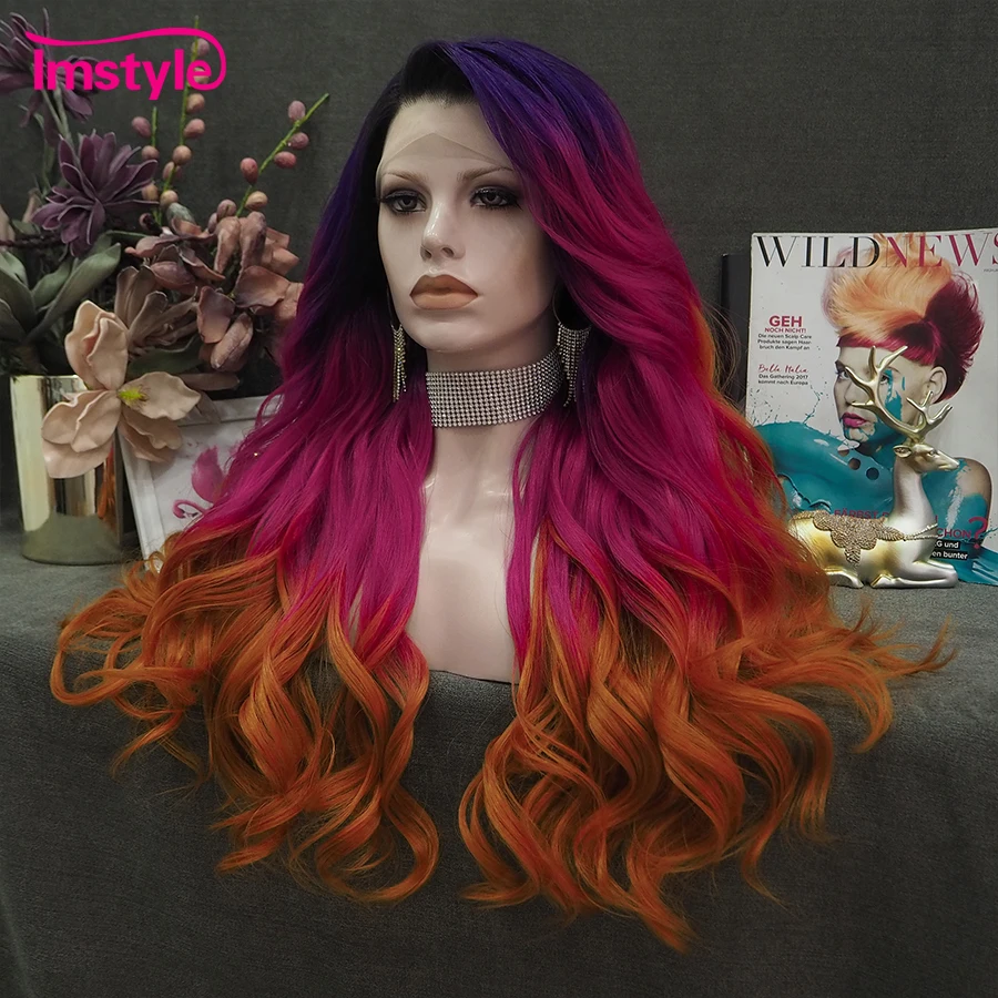 Imstyle Ombre Synthetic Lace ด้านหน้าวิกผม Multicolor สีม่วงสำหรับผู้หญิงทนความร้อนเส้นใยหยักยาววิกผมลูกไม้วิกผมปาร์ตี้