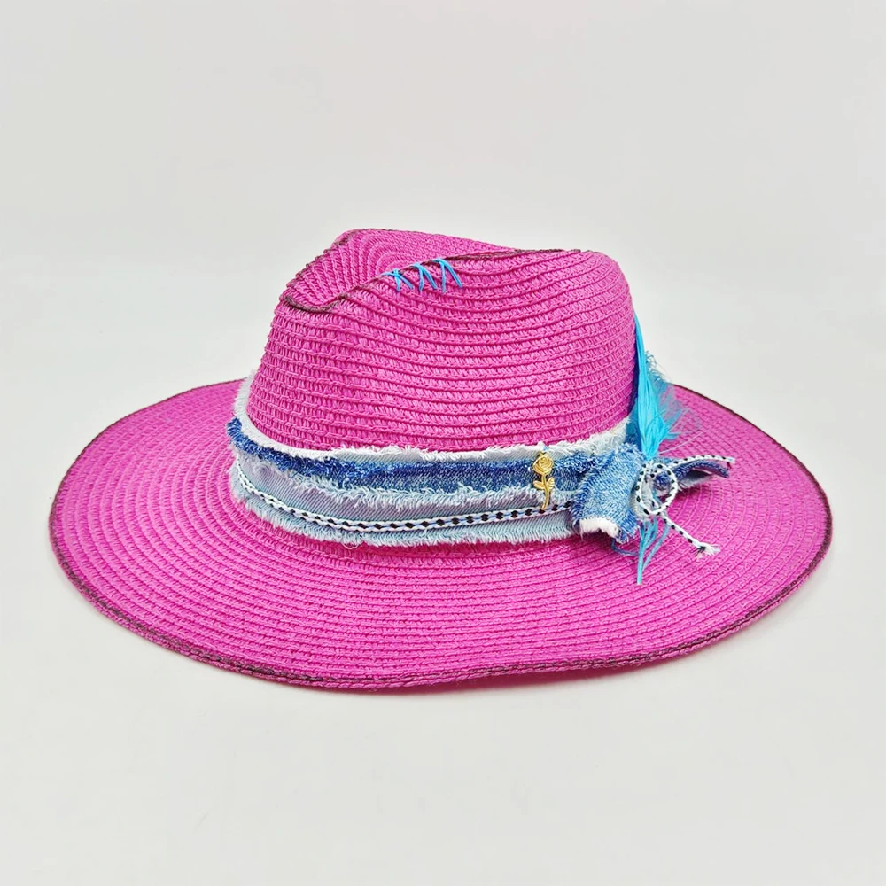 Summer straw hat sun hat jazz top feather dried flower accessories DIY hand-sewn straw hat men and women sun hat wholesale