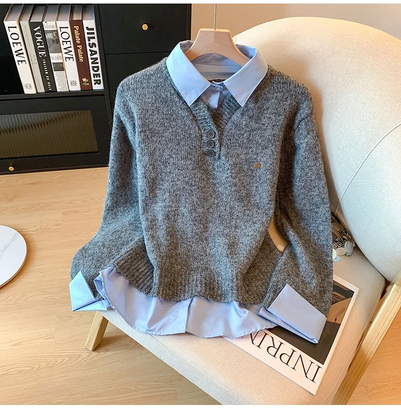 

Женский серый двухсекционный свитер Y2k, 2200, корейская элегантная модная осенне-зимняя дизайнерская рубашка для офисных девушек, многослойный свитер, топ