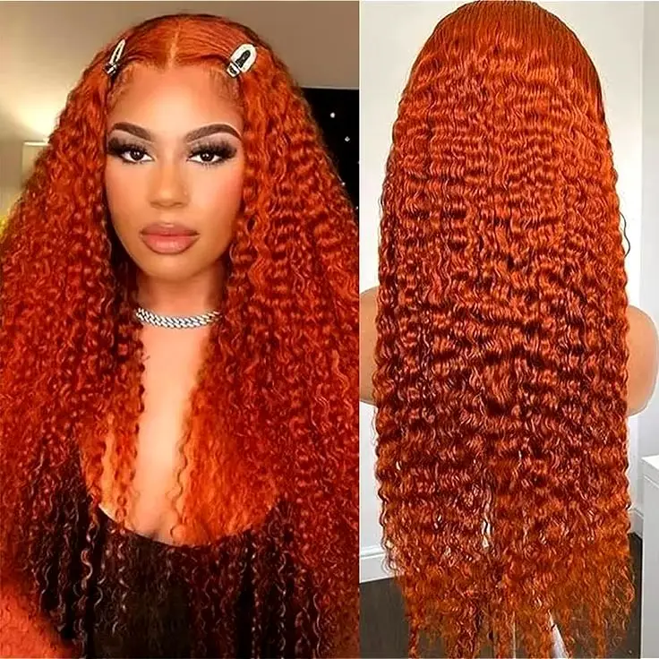 Ginger Orange 13x4 Lace Frontal Wigs Human Hair 350 Deep Wave Water Wave Lace Wig 180% Remy Brazilian Burnt Orange Wig For Women