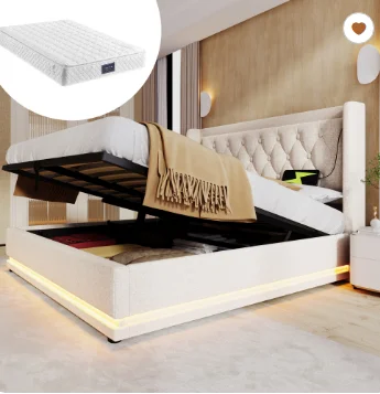 Lit rembourré double 160*200 cm, beige, en coton, avec rangement hydraulique, tête de lit rembourrée avec fonction de charge USB Type-C, fonction LED 3 côtés (sans matelas)