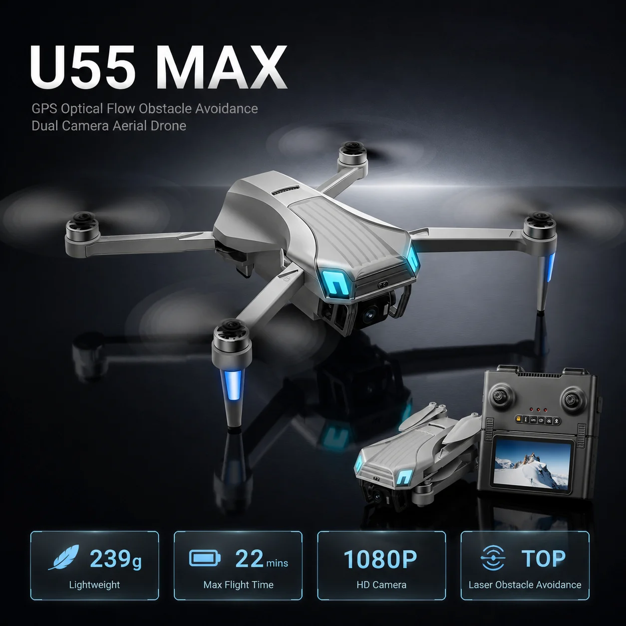U55 MAX GPS 5G Foldable Drone with 1080P FHD Camera & 4.5 Inch Touch Screen Remote Control, 22 Mins Flight Time