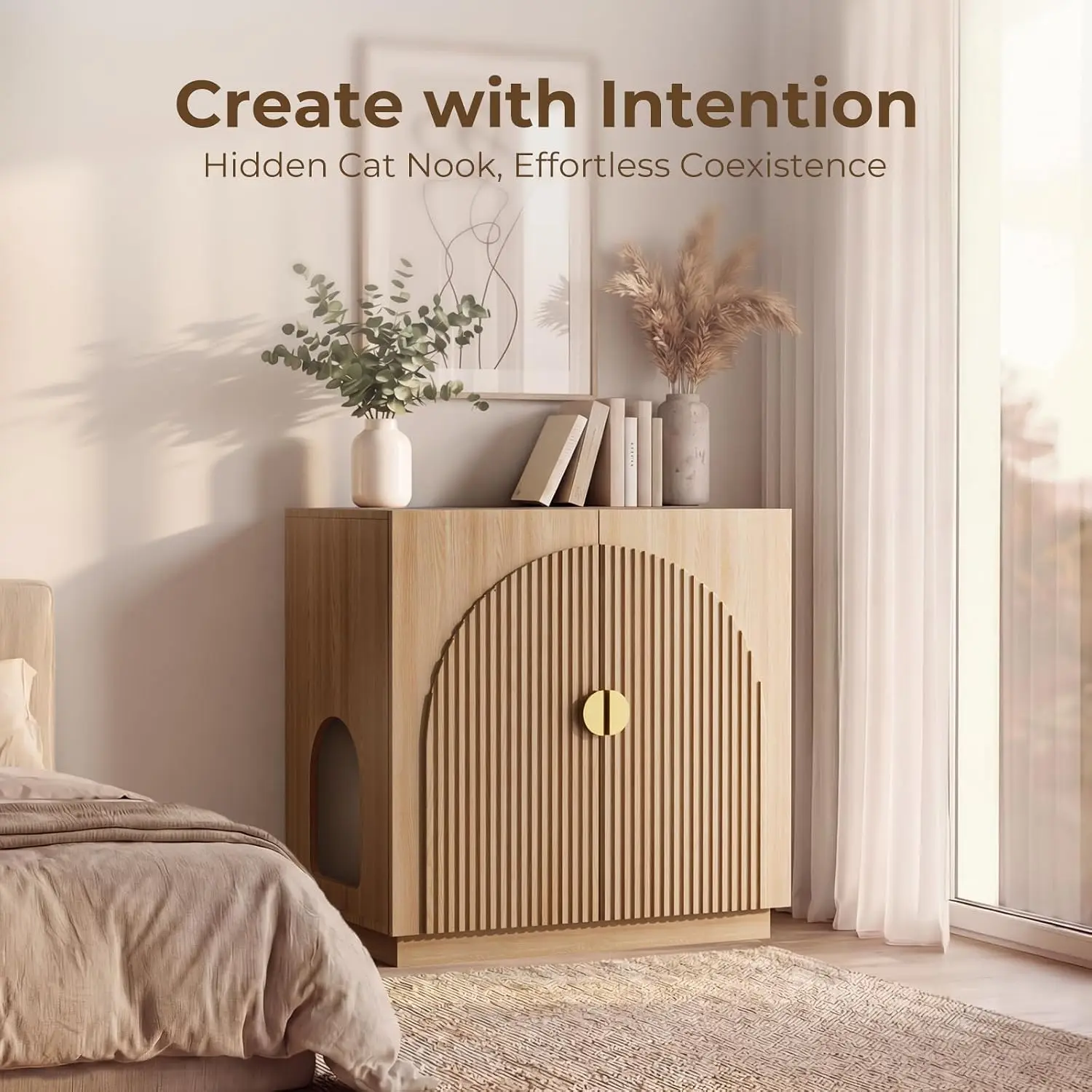 Large Litter Box Enclosure, Fluted Hidden Cat Litter Box Cabinet with Storage, Symmetrical Curved Accent Sideboard Furniture (Natural)