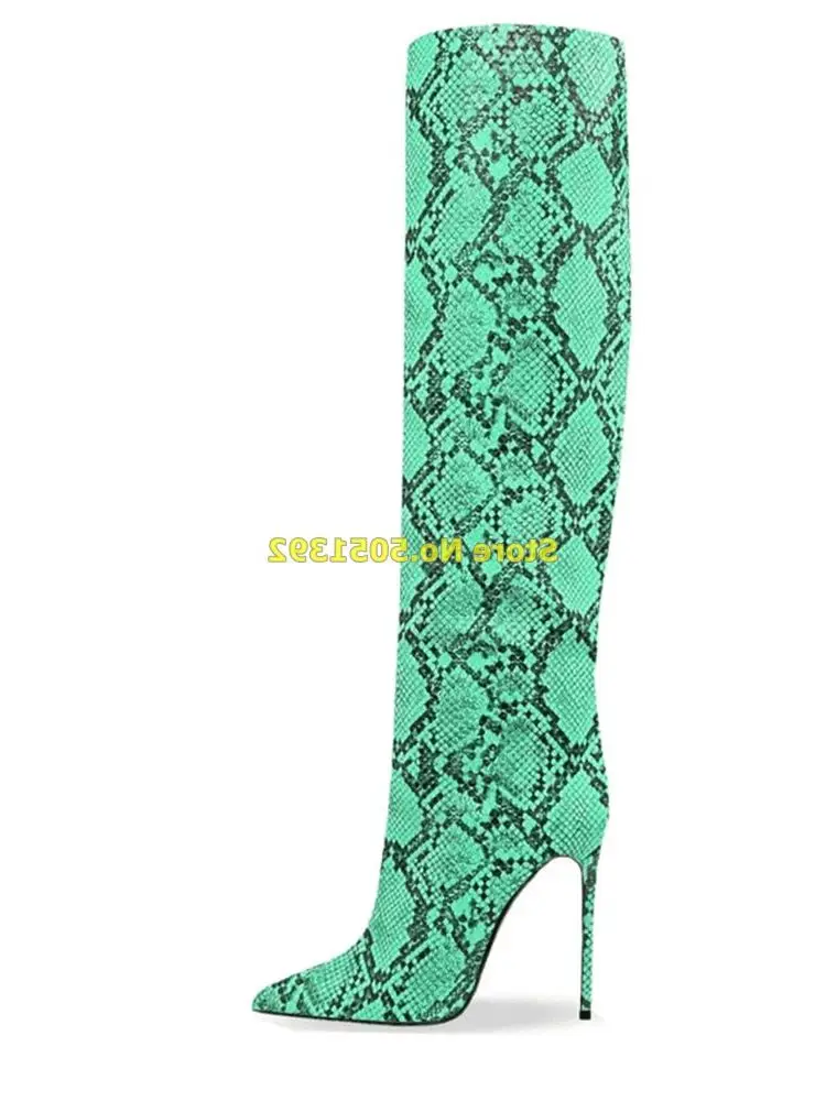 

Snakeskin Pointed Toe Tubular Boots Stiletto Thin High Heel Knee High Custom Made Winter Women Boots Hot Sale