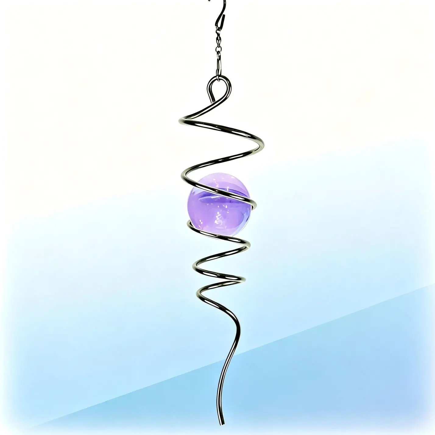THEYUFA Purple Gazing Ball Spiral Tail, 11 Inch Stainless Steel Wind Spinner Stabilizer, 2 Inch Glass Orb Hanging Decoration for