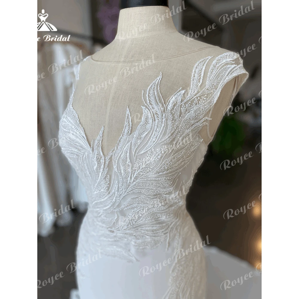 Boho o Hals zurück Knopf Kappe Ärmel Spitze Chiffon Meerjungfrau Brautkleid für Frauen sexy Brautkleider Sweep Robe de Mariée Vestidos