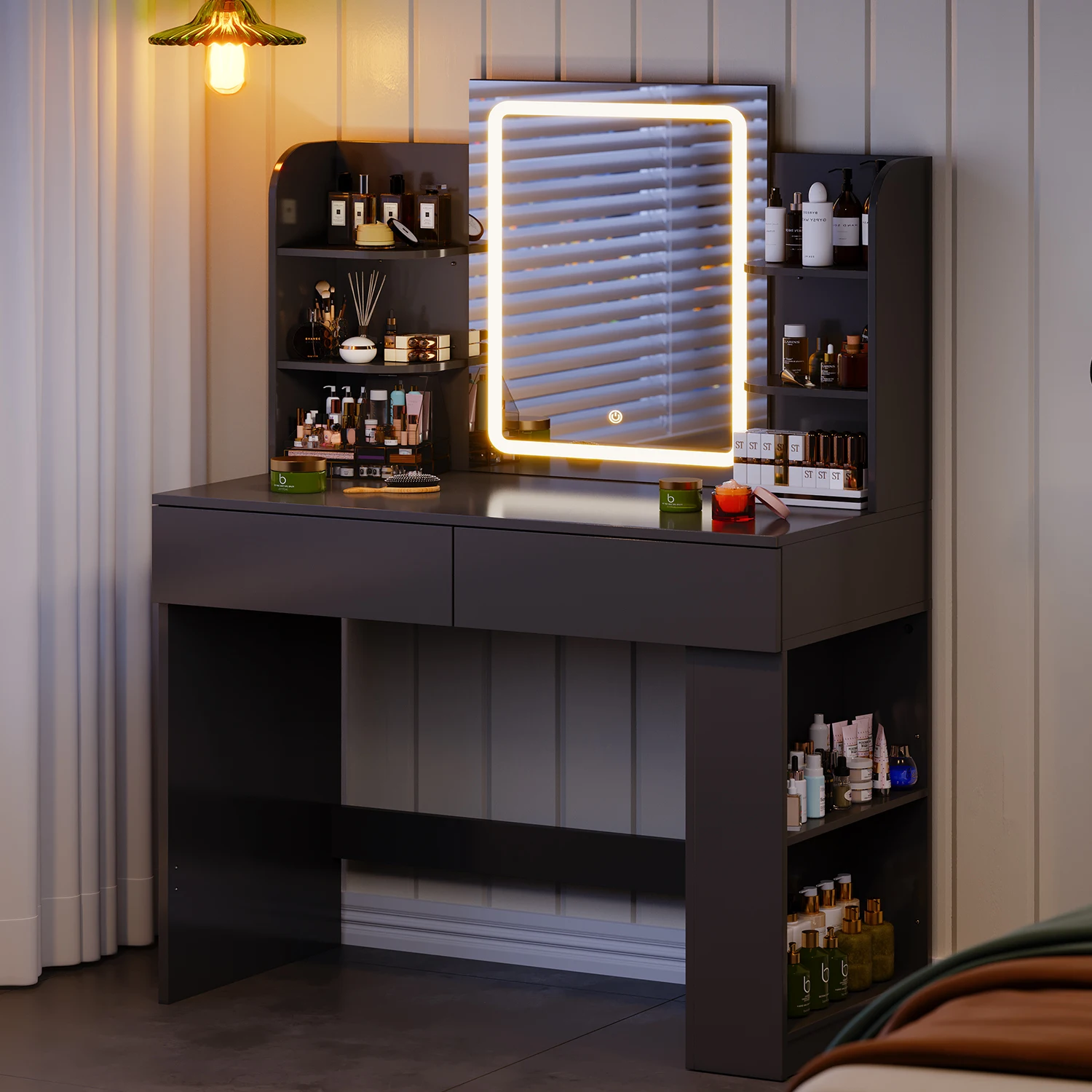 Homall Kaptafel met LED-spiegel en kruk, verstelbare helderheid, 90x40x135cm, make-uptafel met 2 grote laden