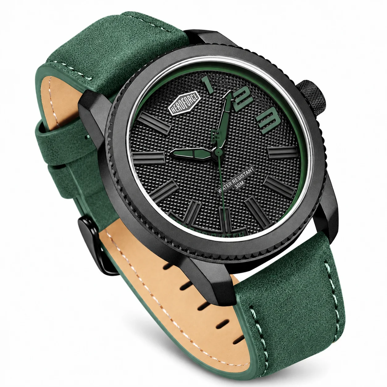 HEROFORCE Men's Casual Outdoor Wrist Watch, Matte Black Textured Case, Big Easy-Read Dial, Genuine Cowhide Leather Band, Luminous Hands