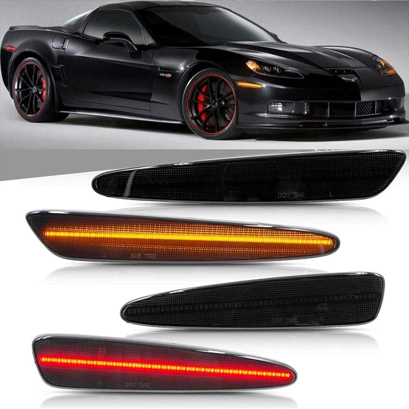 Car Front Rear Bumper Side Marker Turn Signal Lighting Yellow Red LED For Chevrolet Corvette C6 2005-2013 Smoked Accessories