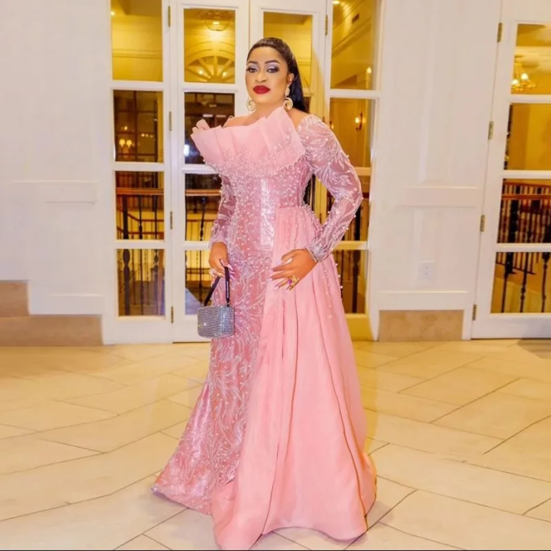 

Розовые вечерние платья Aso Ebi, элегантное платье для выпускного вечера с иллюзией и аппликацией, трапециевидное платье больших размеров, вечерние платья знаменитостей с длинными рукавами