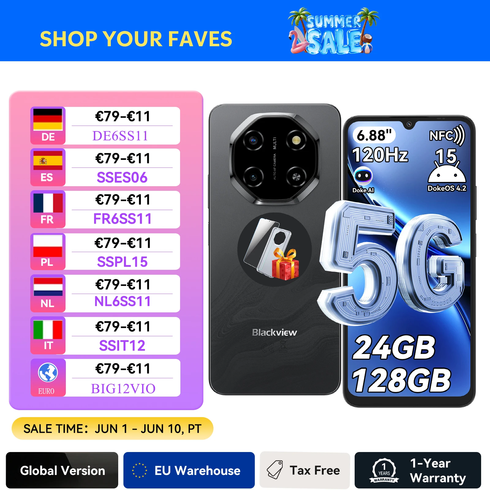 Blackview SHARK 6 AI Smartphone Android 15 Unisoc T8100 5G téléphone portable 6.88 ''affichage 120Hz, 8 + 16GB RAM, 128GB + 2TB ROM, 5000mAh
