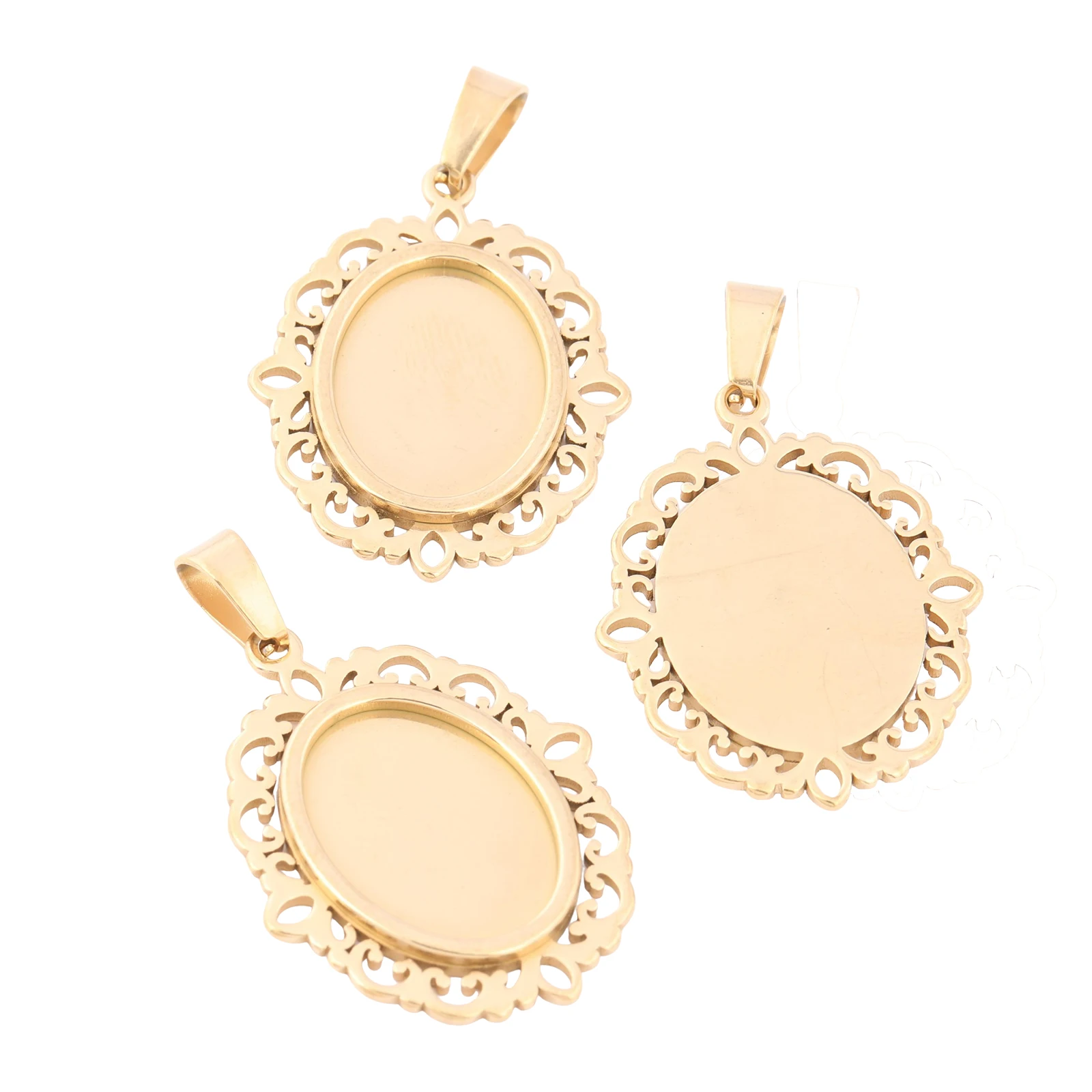 5 Stück vergoldete Edelstahl-Cabochon-Anhängerfassungen, oval, 13x18mm, mit floraler Spitze, für DIY-Schmuckherstellung