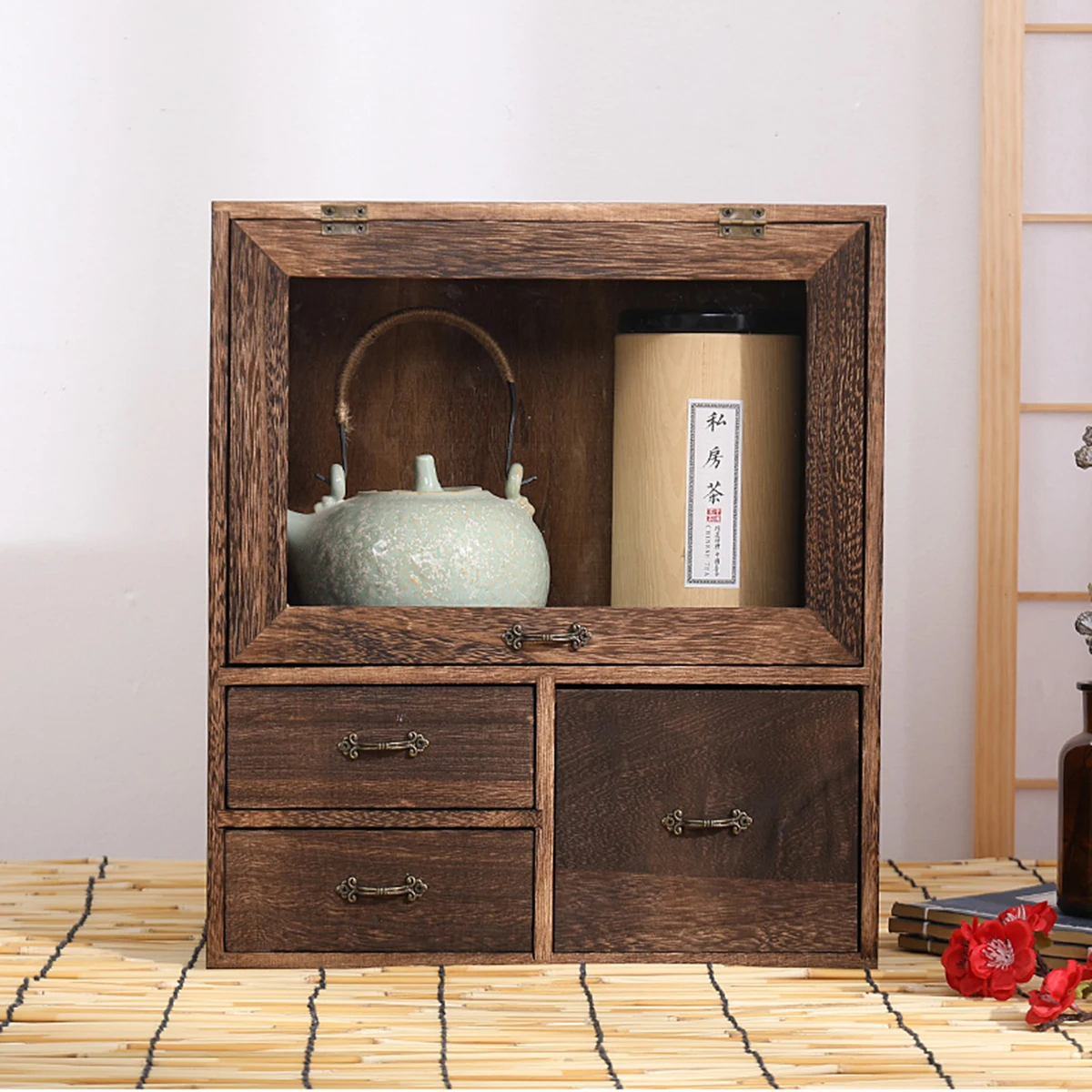 Solid wood dustproof teapot shelf burned tung wood desktop cosmetic storage box handicraft ornaments bookcase bookcase