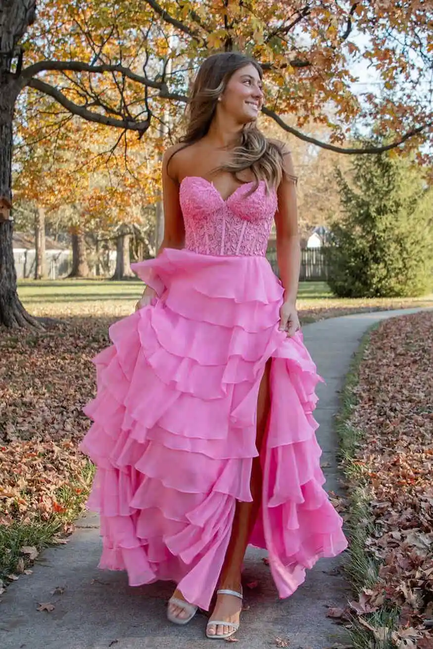 Women's Off Shoulder Sweetheart Strapless Evening Dresses A-line High Slit Ruffle Tiered Princess Appliques Long Prom Dresses