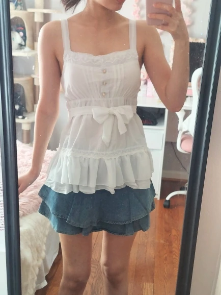 SUCHCUTE Sweet Lace Patchwork Bandage Ruffles Trim A-Tops Women's Solid Sheer Button Front Squre Neck Camisole All Match Vest photo review