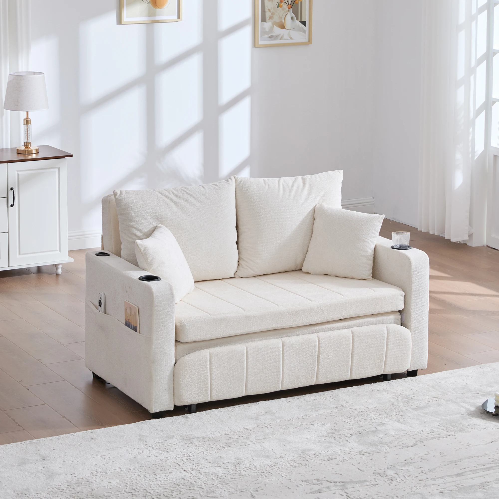 Multifunktionales Stoffsofa, ausziehbares Klappsofa als Sofa & Bett, mit Aufbewahrungstaschen, USB-Ladefunktion & Getränkehaltern, platzsparendes Schlafsofa für Wohnzimmer, Büro, Apartment – Beige
